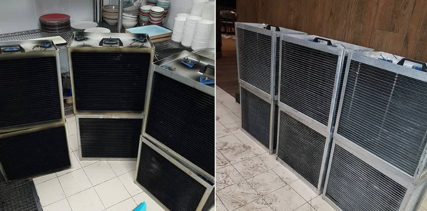 ESP filtre temizliği öncesi ve sonrası: solda yağ ve is ile kararmış elektrostatik filtre hücreleri, sağda temizlenmiş hücreler